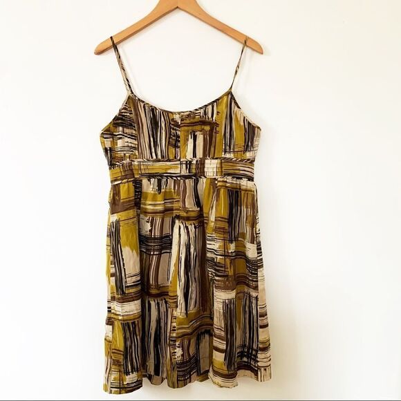 Halogen Yellow Browns Printed Silk Spaghetti Strap Pleated Pockets Dress - Picture 5 of 6